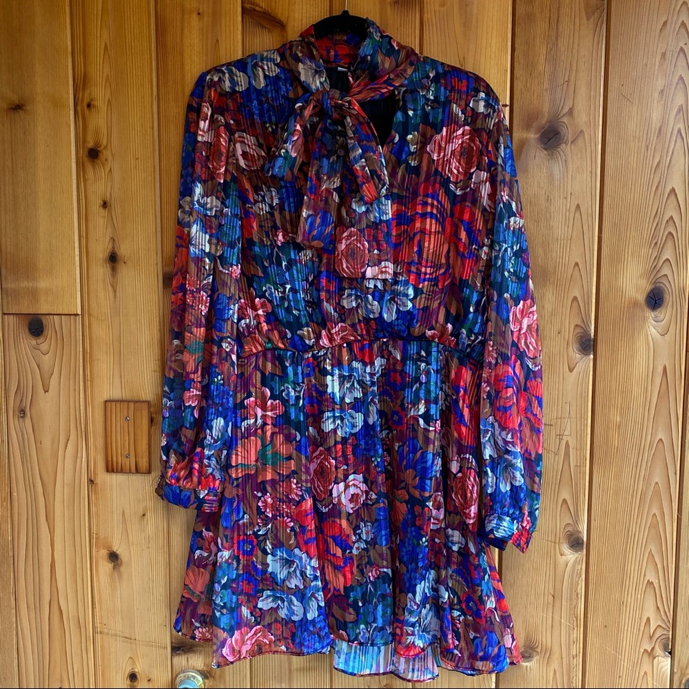 Kitten bow metallic threaded rainbow floral dress